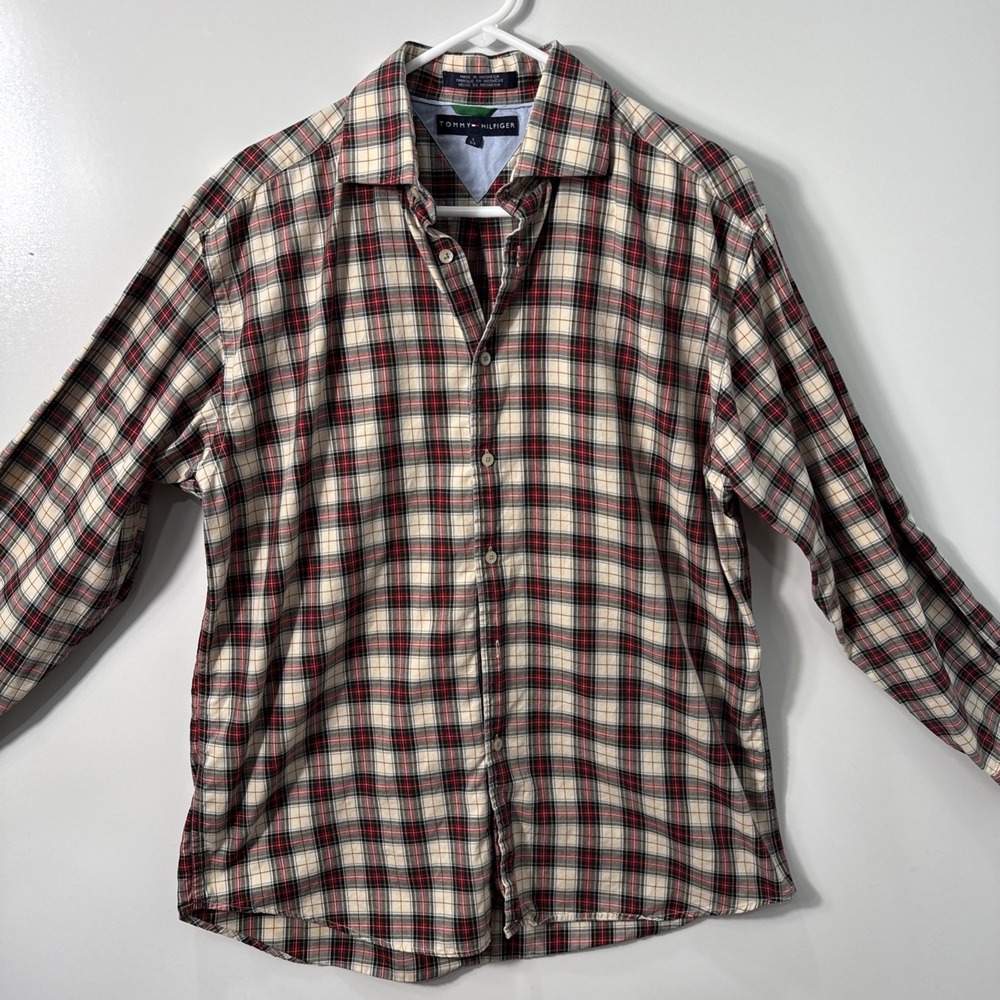 Tommy Hilfiger Shirt Mens L Green Red Cream  Plaid Long Sleeve Button Up Adult‎